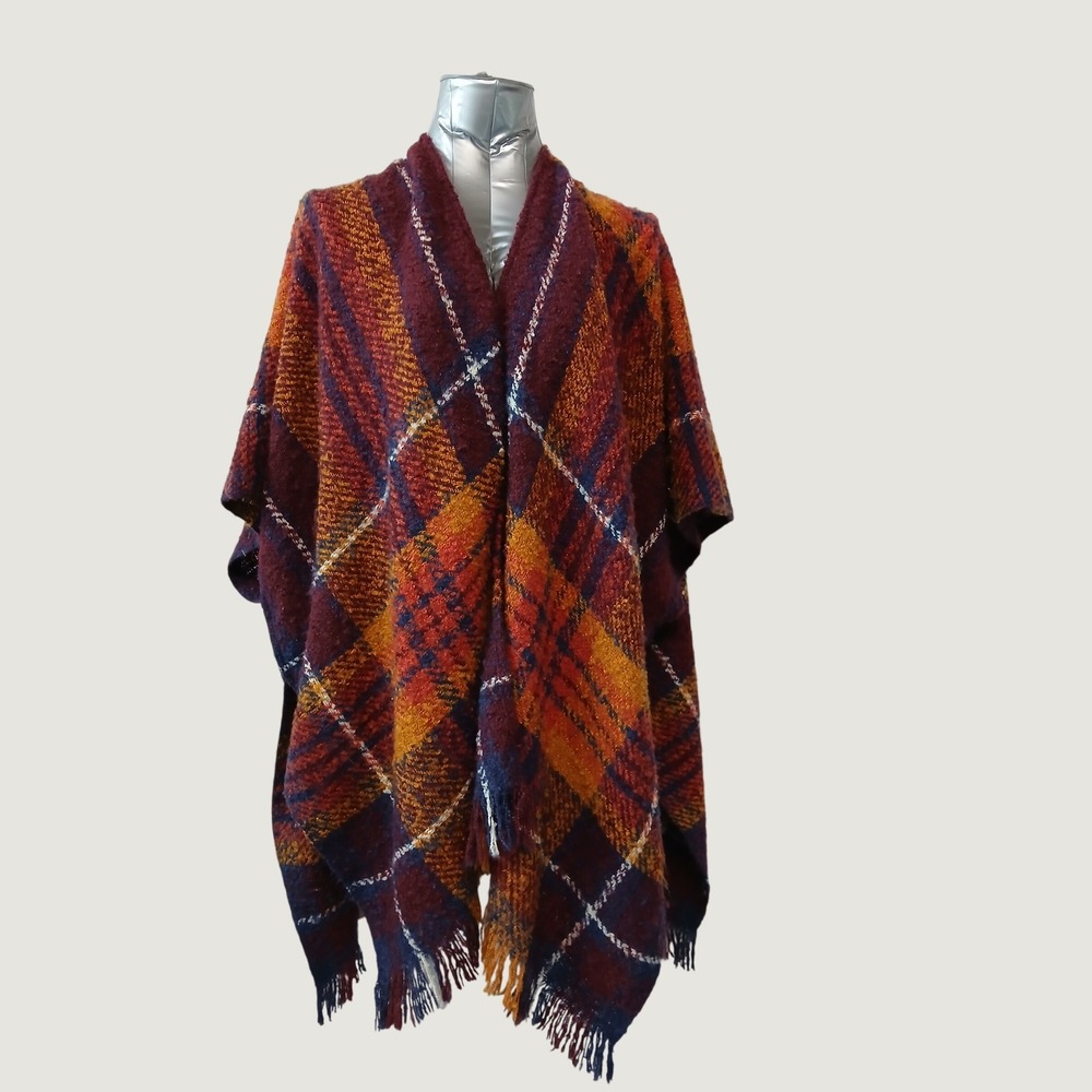 Nine West NWT Plaid Fringe Poncho Wrap Ruana Wine Multi OS Layering Fall Winter